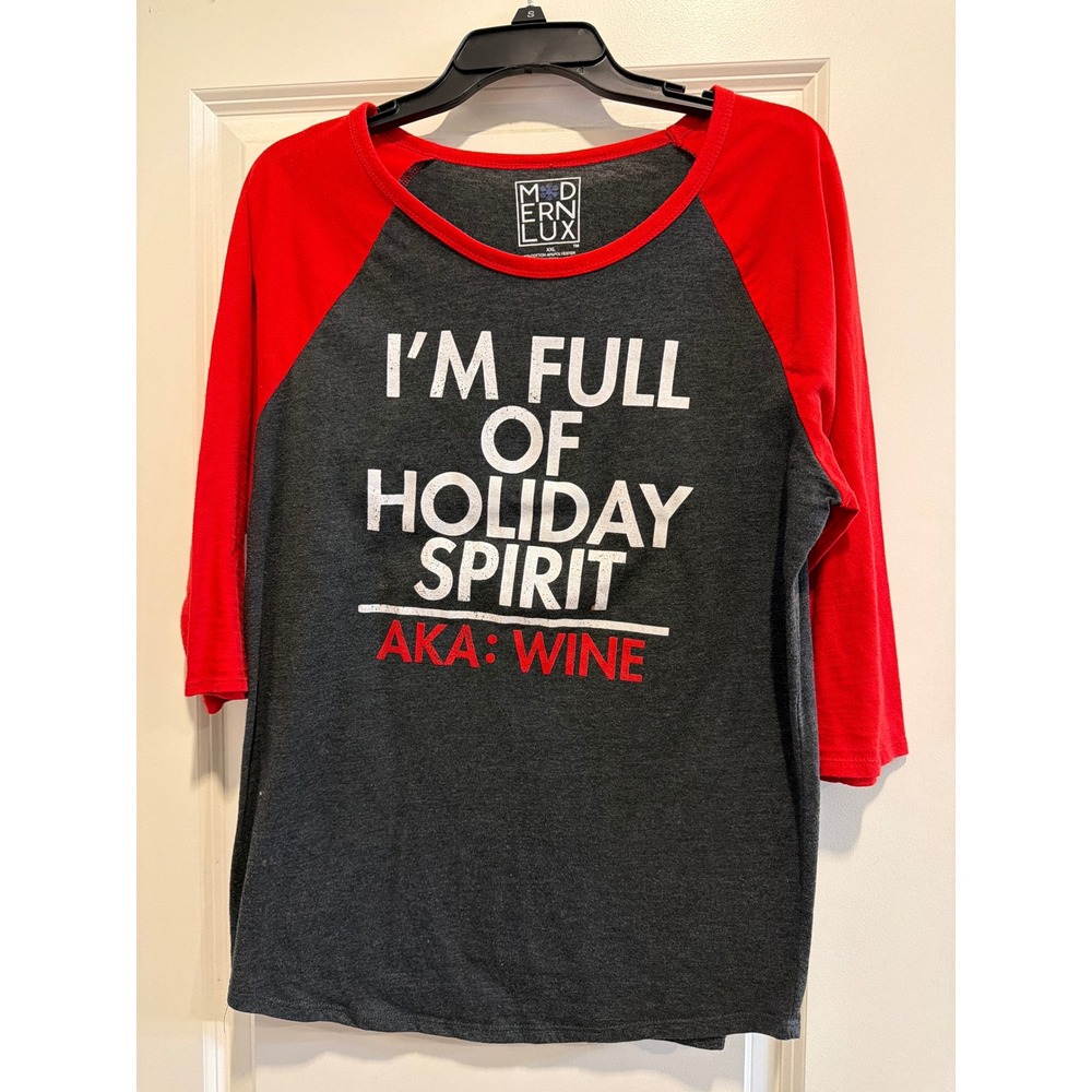 Modern Lux Womens XXL Holiday Spirit Wine Raglan Baseball Tee Charcoal Red